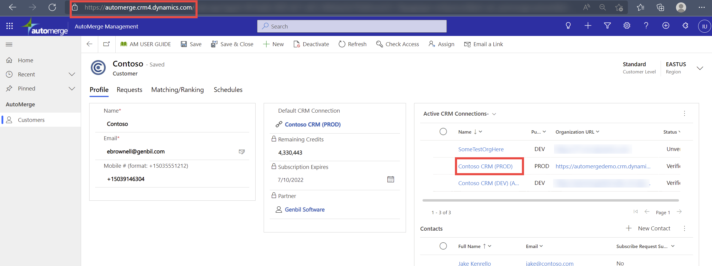 Opening the CRM connection record