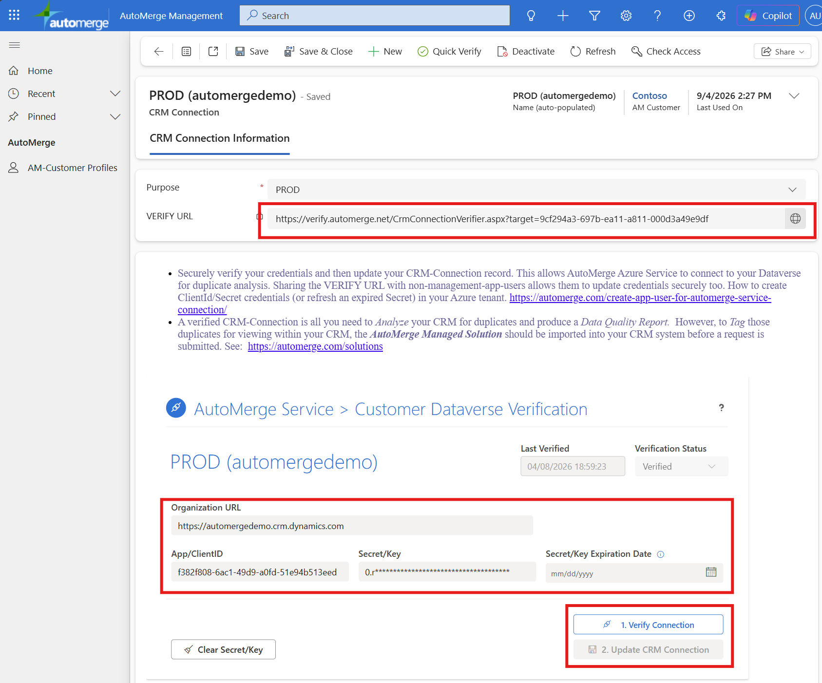 Opening the connection verify page