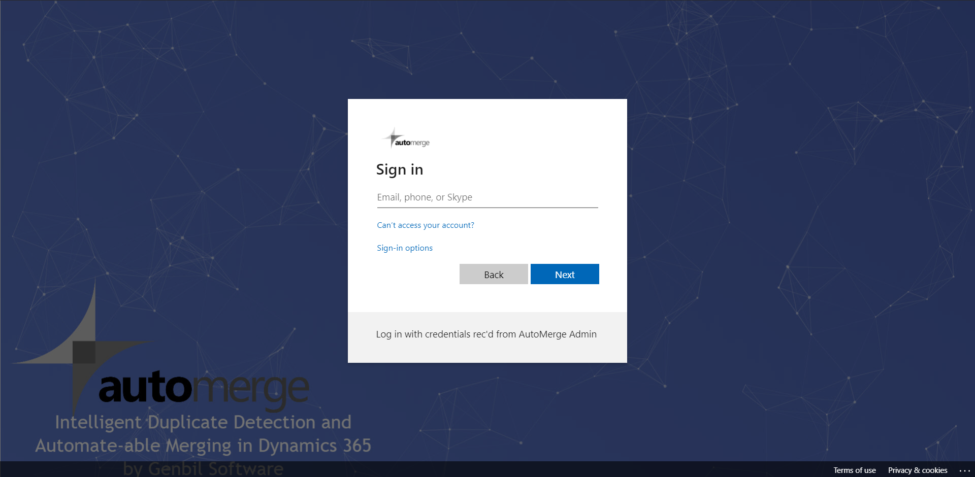 AutoMerge Management Application sign-in screen