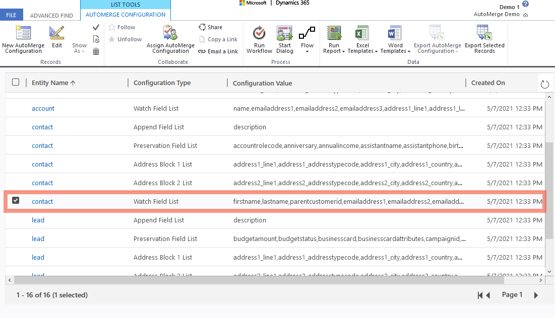 The watch-field list configuration record