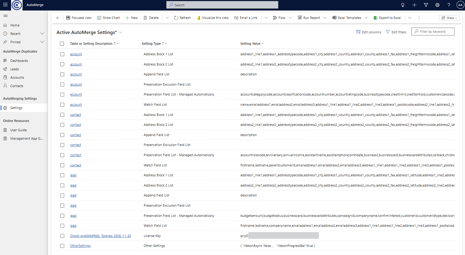 The AutoMerge Settings list in the AutoMerge App