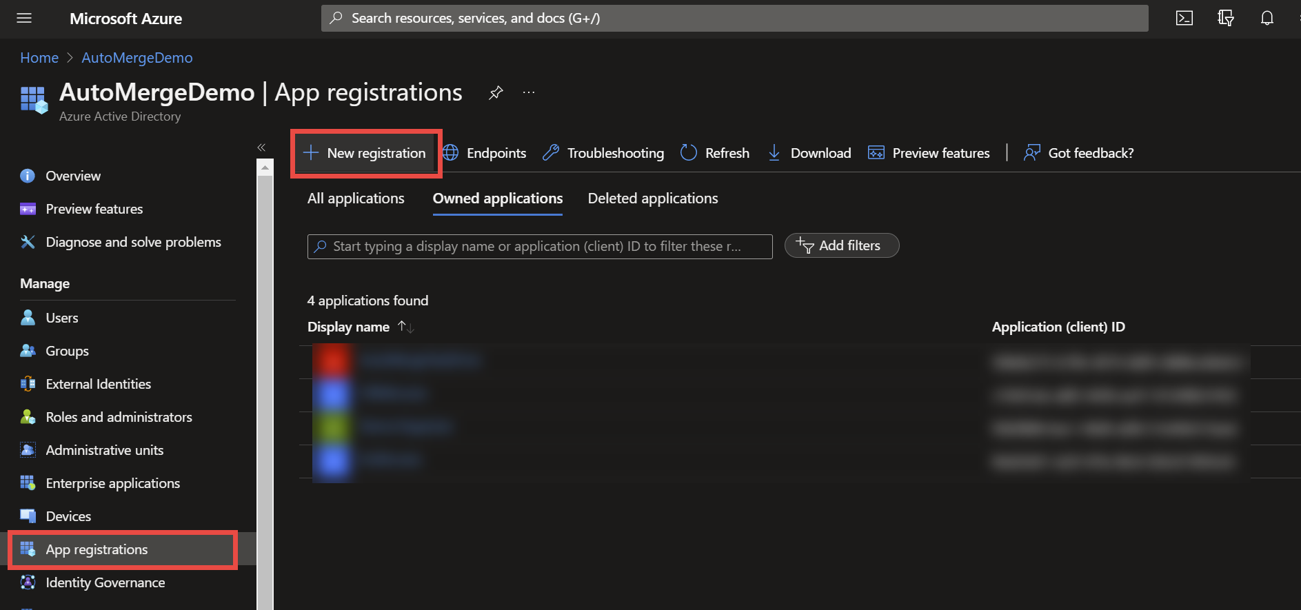 App registrations with the New registration button