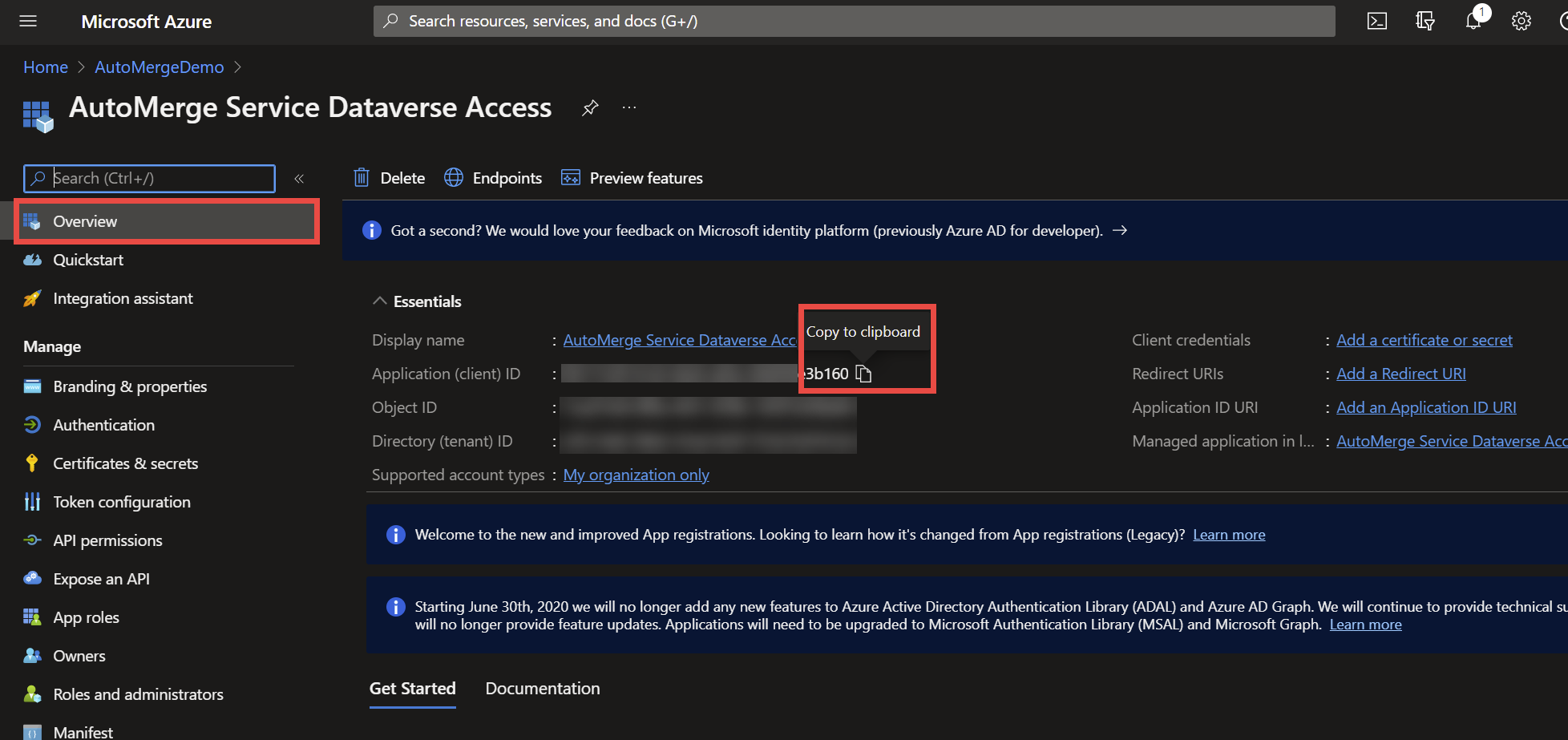 Copying the Application (client) ID