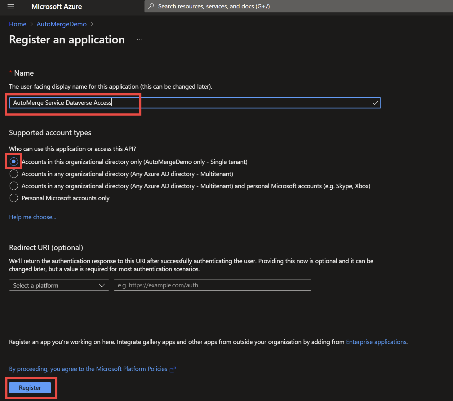 Naming the new app registration