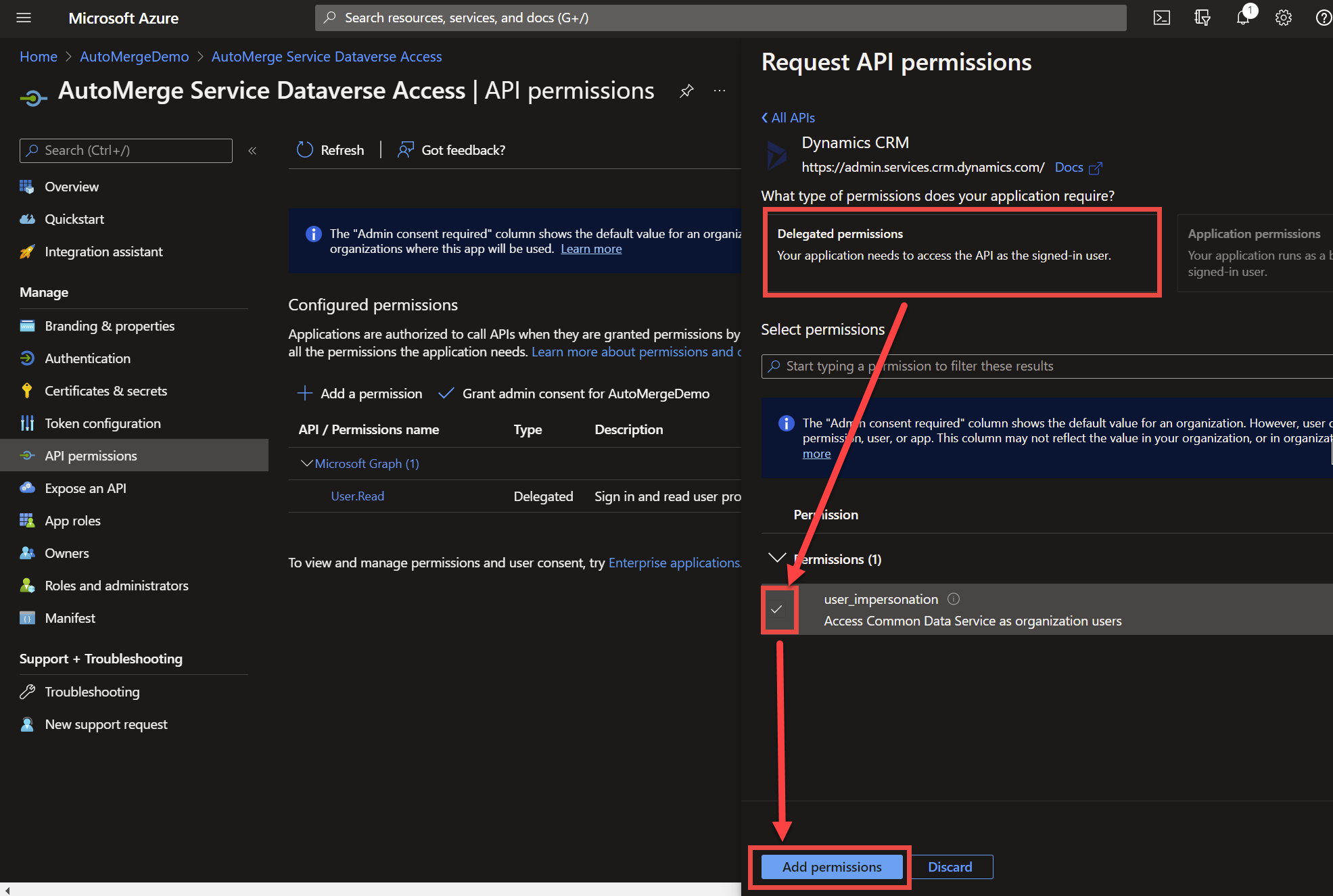 Selecting the user_impersonation delegated permission