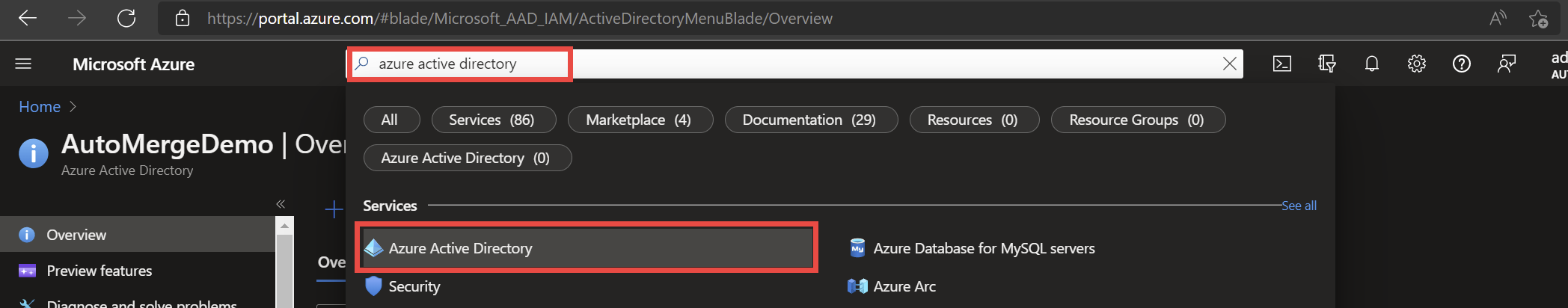 Searching for Azure Active Directory in the Azure portal