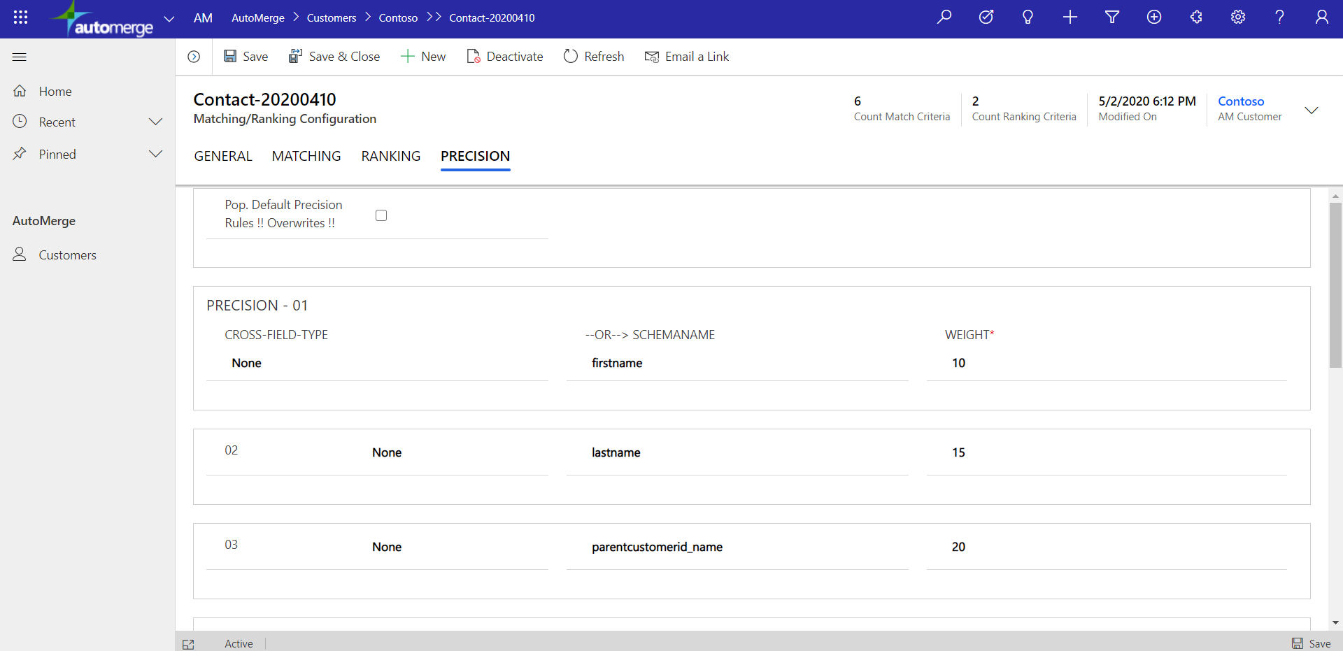 PRECISION tab showing weighted schemanames