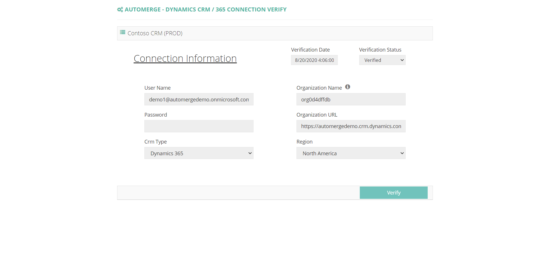 A verified CRM connection after using VERIFY URL