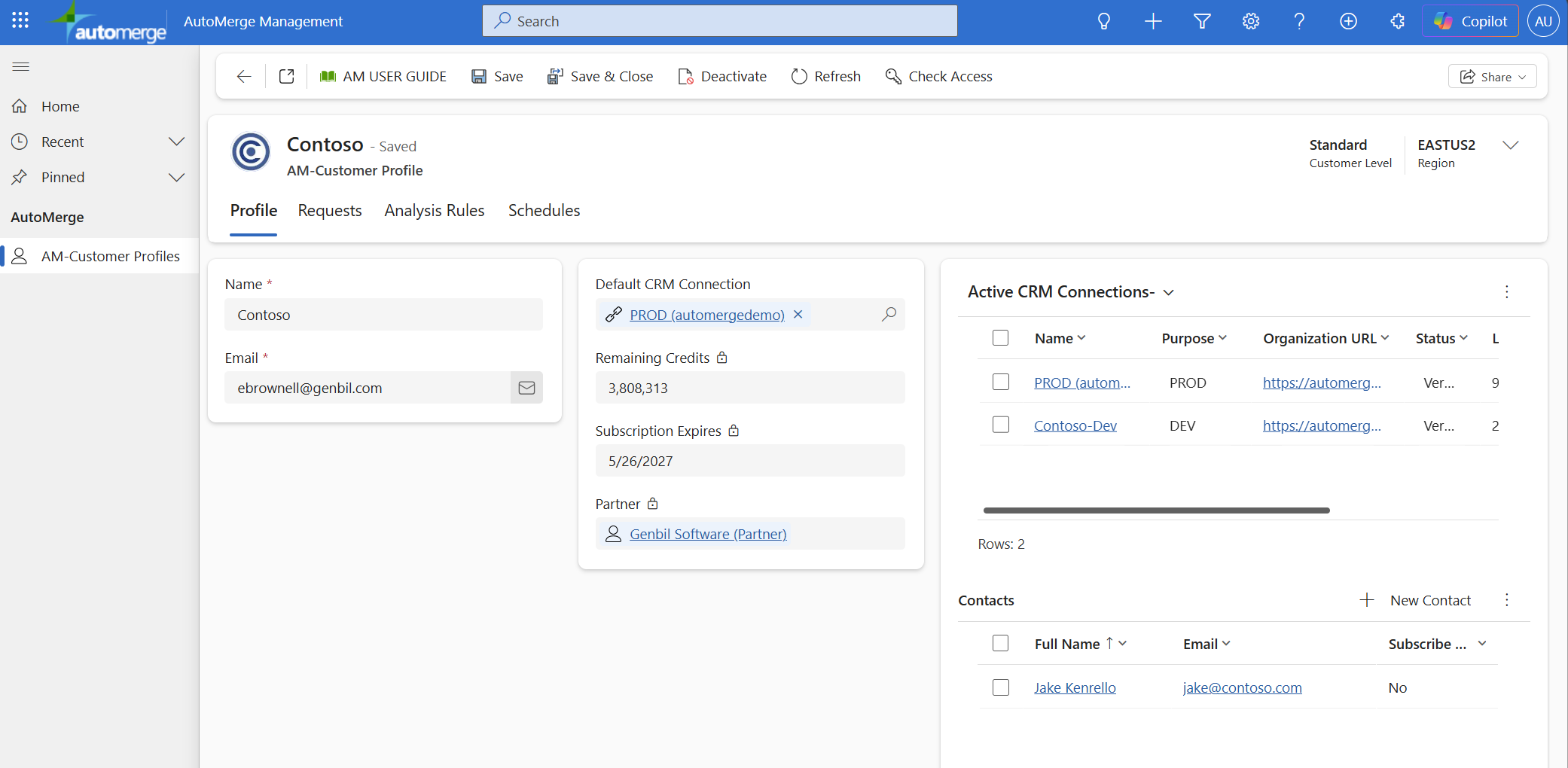 Organization profile record with contact details and default CRM connection