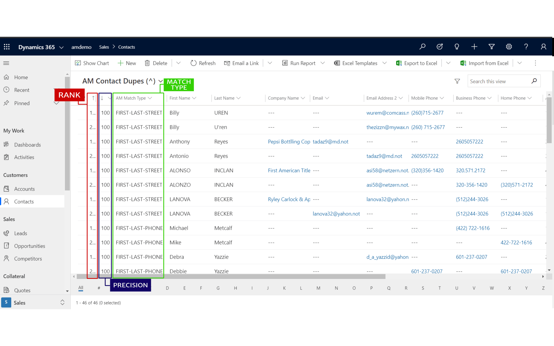 Rank, precision percentage, and match type columns in the AM Contact Dupes view