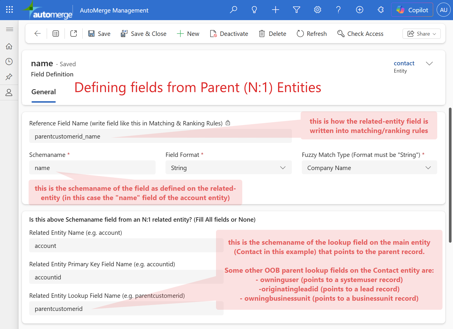 Defining a field from a parent (N:1) entity, with annotations for each field to fill out