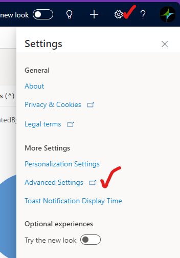 Opening Advanced Settings from the CRM cog menu