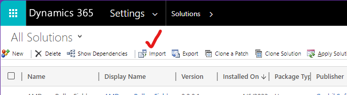The Import button in the Solutions area