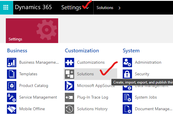 The Solutions area under Settings