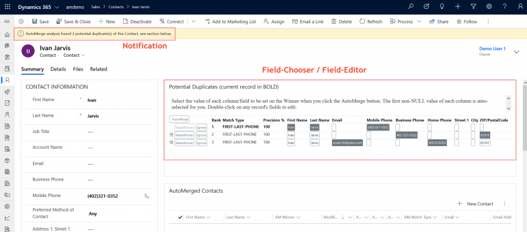 Duplicate notification and Potential Duplicates subgrid on a Contact form