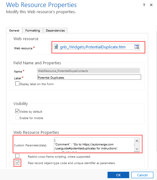 Web Resource Properties dialog showing the Custom Parameters (data) field where this JSON goes