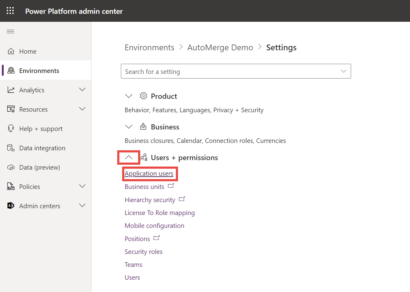 Application users under Users + permissions