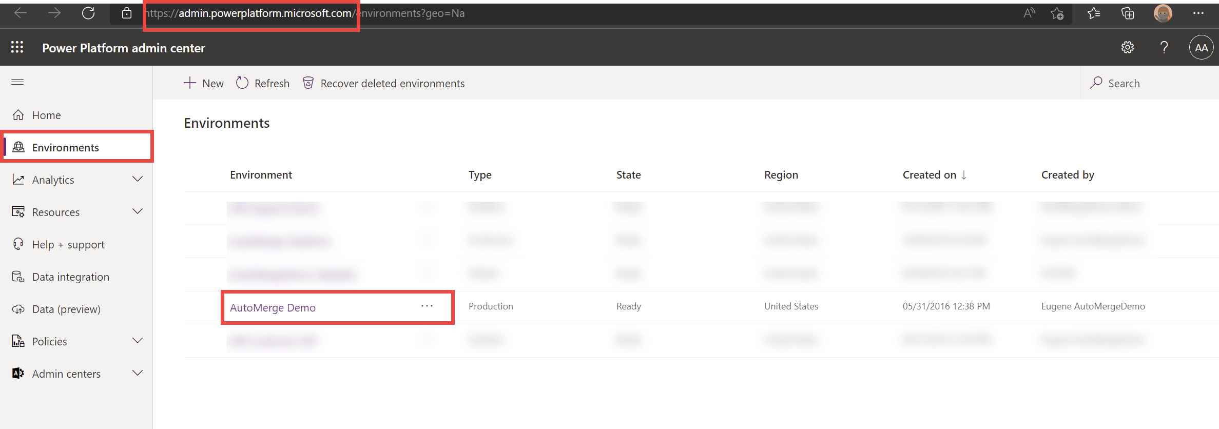 Choosing the environment in Power Platform admin