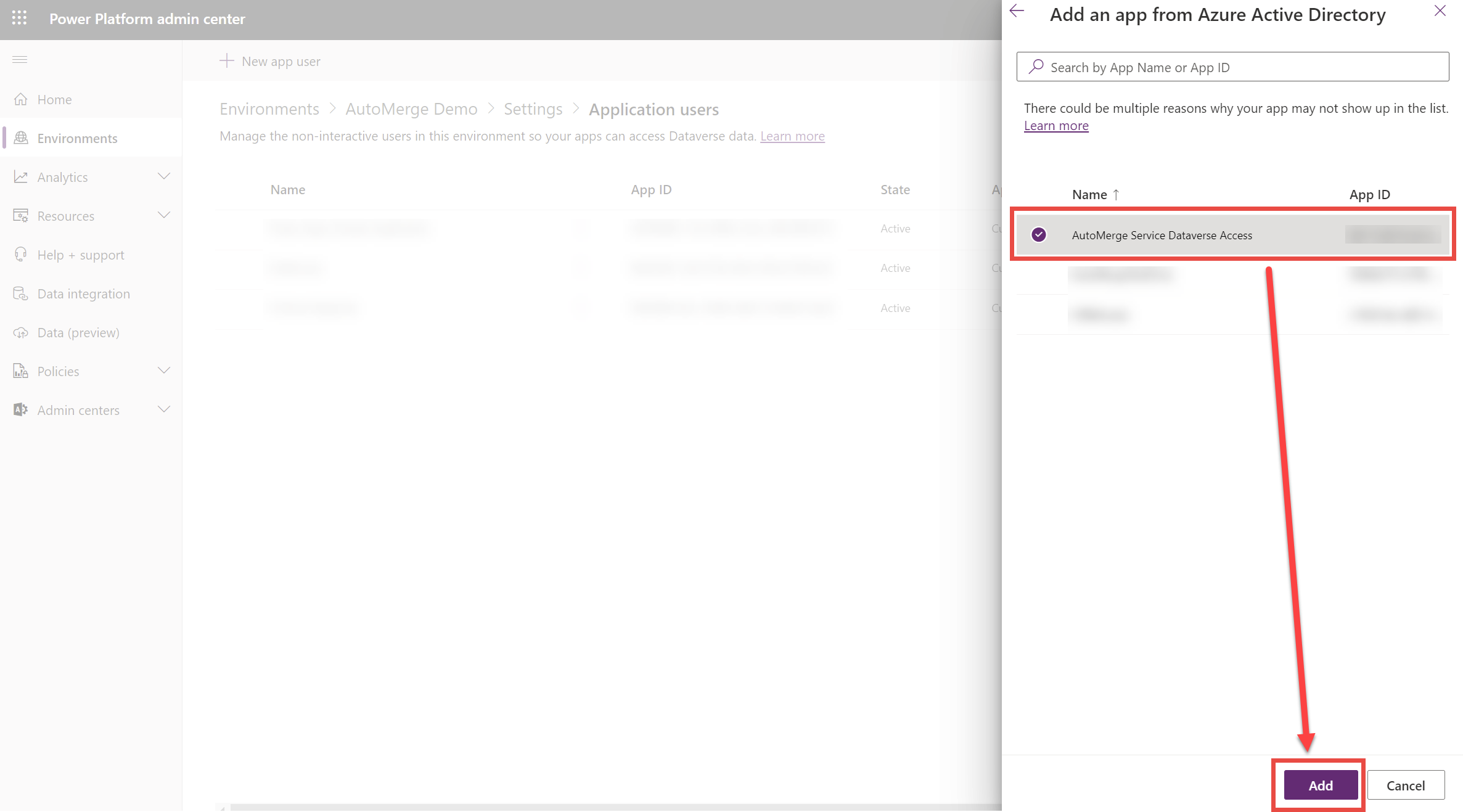 Selecting the registered Azure app