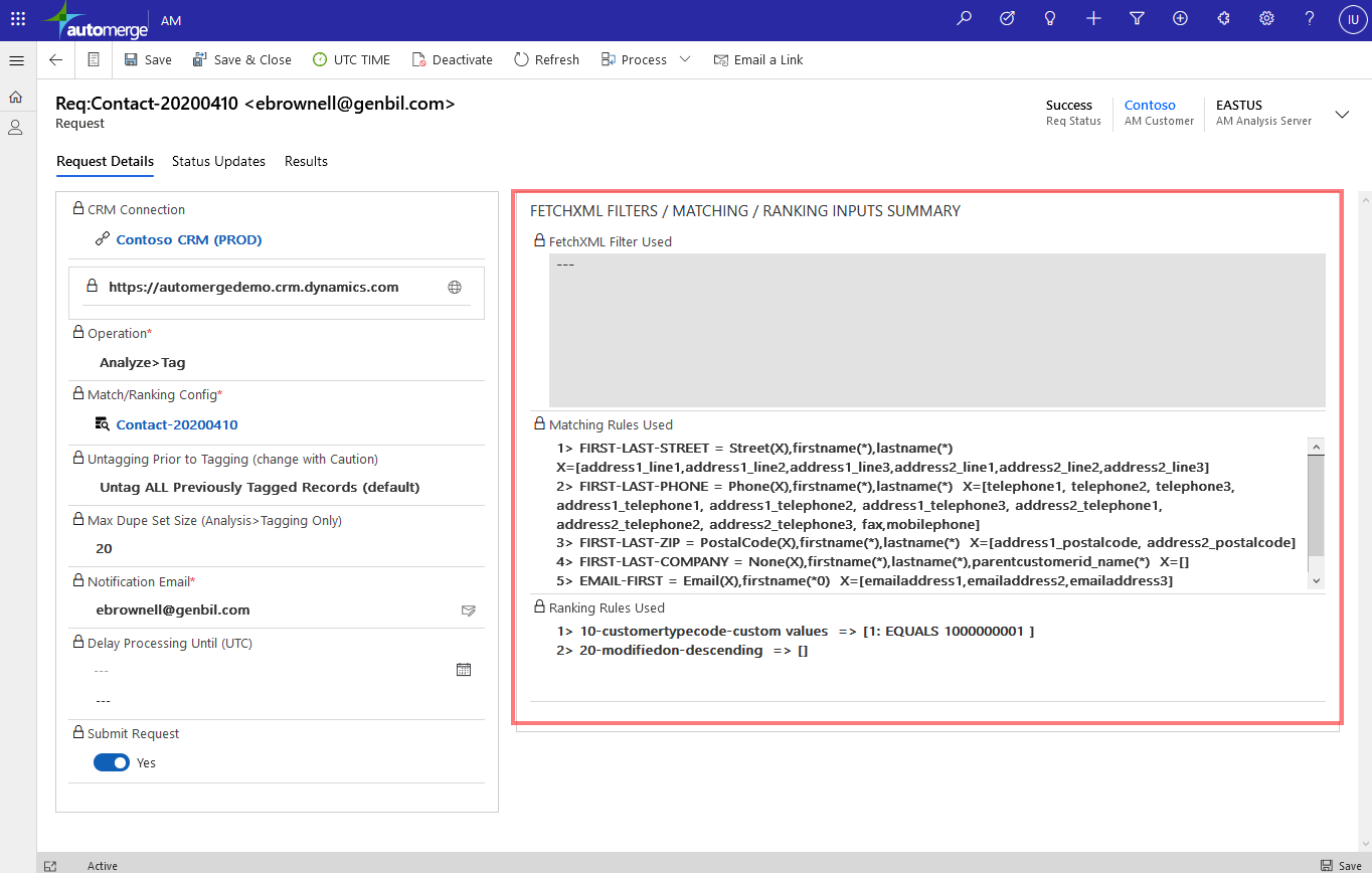 A request showing the captured snapshot of rules used